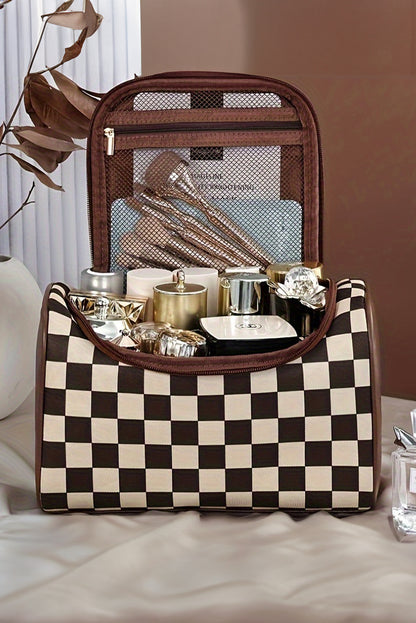 Trousse de maquillage zippée en cuir PU à carreaux noirs