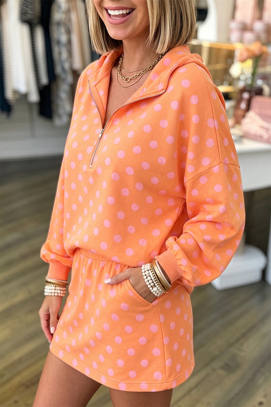 Orange Polka Dot Hooded Long Sleeve Top Casual Mini Skort Set