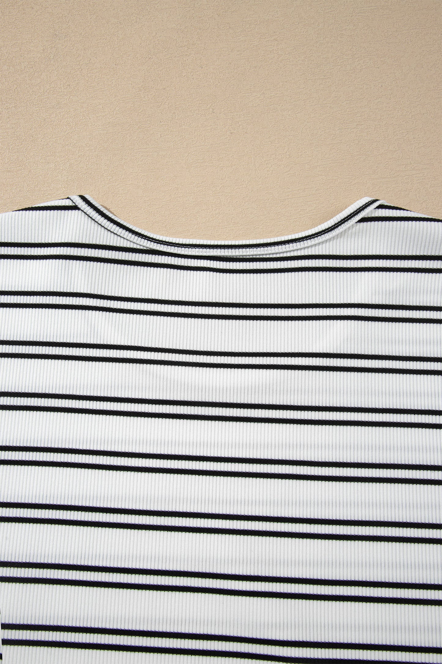 Beige Stripe Ribbed Knit Round Neck Long Sleeve Top