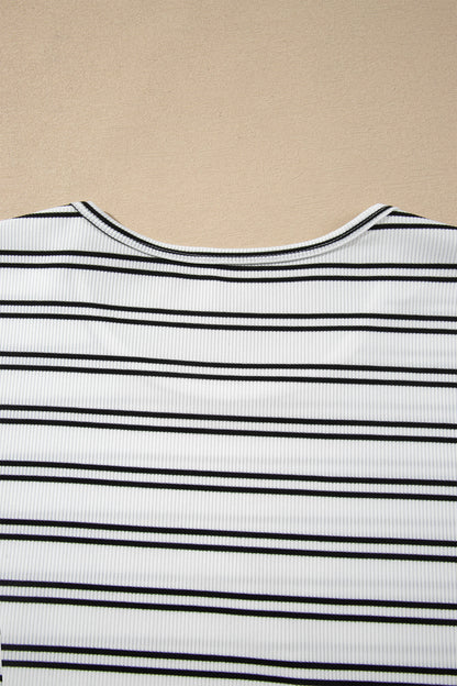 Beige Stripe Ribbed Knit Round Neck Long Sleeve Top