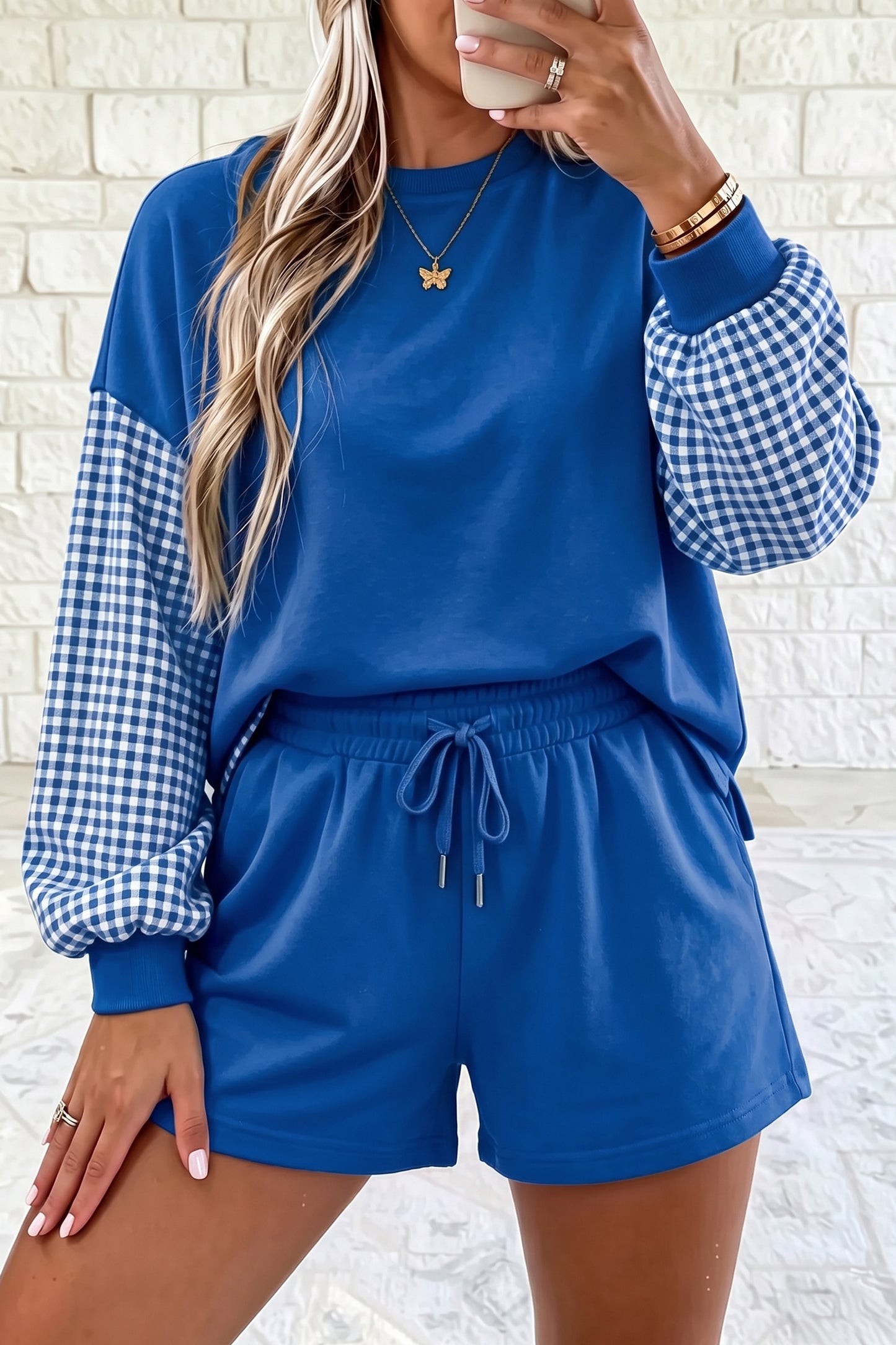 Blue Plaid Patchwork Long Sleeve Top Solid Drawstring Shorts Set