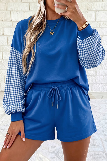 Blue Plaid Patchwork Long Sleeve Top Solid Drawstring Shorts Set