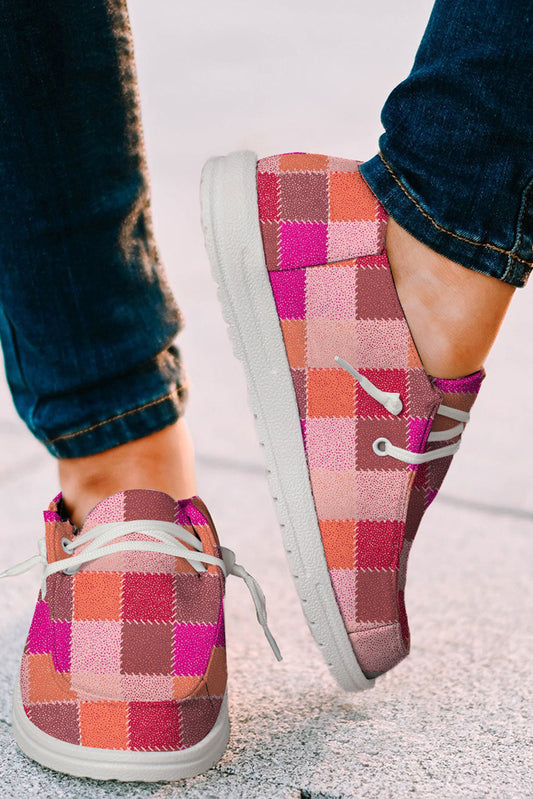 Red Plaid Print Criss Cross Slip On Canvas Shoes