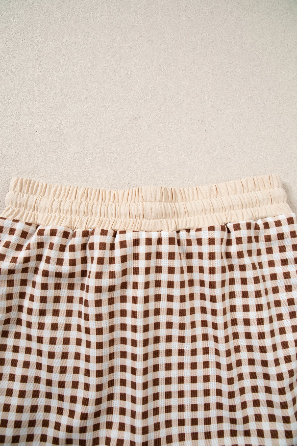 Brown Gingham Oversized Ribbed Trim Crew Neck Long Sleeve Top and Skort Set
