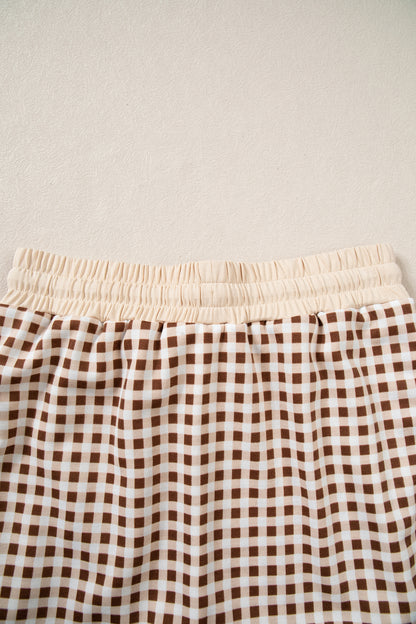Brown Gingham Oversized Ribbed Trim Crew Neck Long Sleeve Top and Skort Set