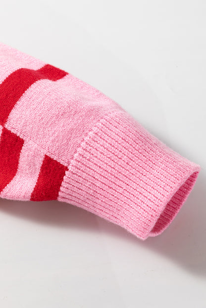 Pink Stripe Bubble Sleeve Drop Shoulder Ribbed Trim Sweater