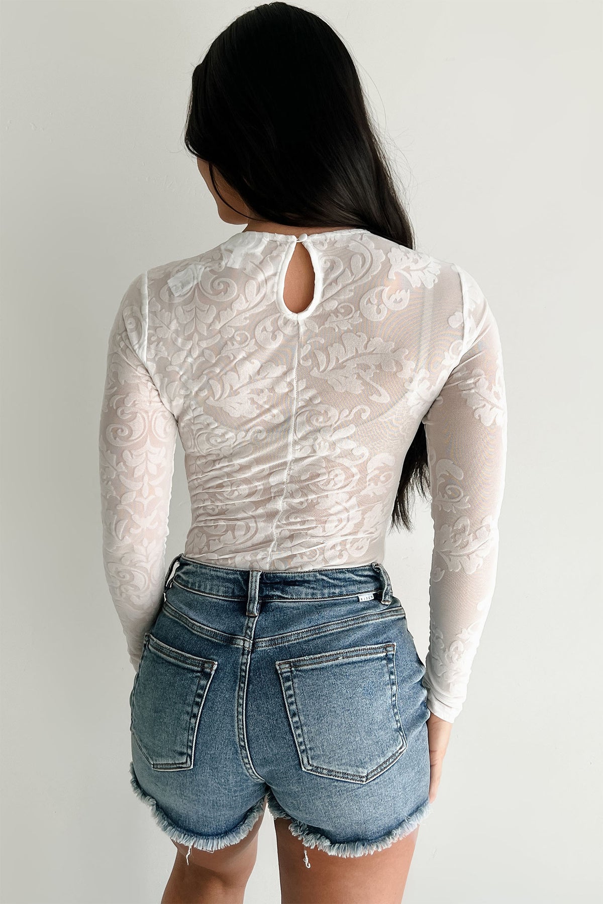 White Elegant Sheer Lace Long Sleeve Bodysuit