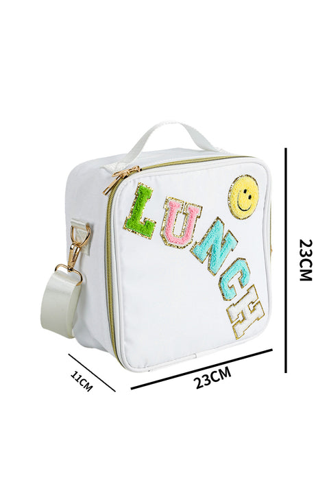 White LUNCH Chenille Embroidered Square One Shoulder Bag