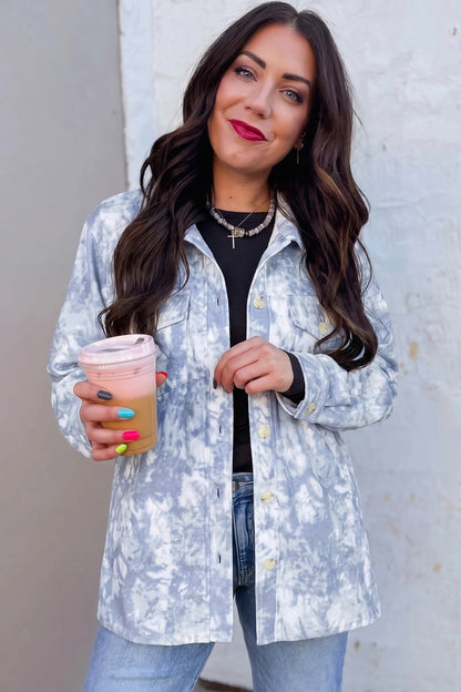 Gray Abstract Print Fuzzy Collar Long Sleeve Patch Pocket Tunic Jacket