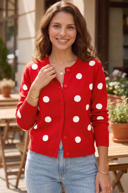 Fiery Red Casual Polka Dot Button Front Long Sleeve Sweater Cardigan
