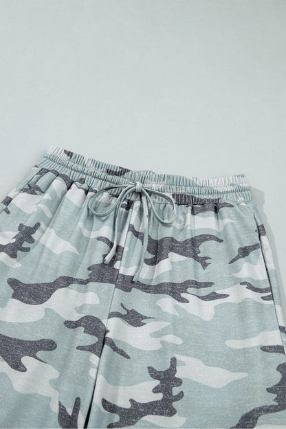 Green Camo Wide Leg Tie Elastic Waist Casual Pants