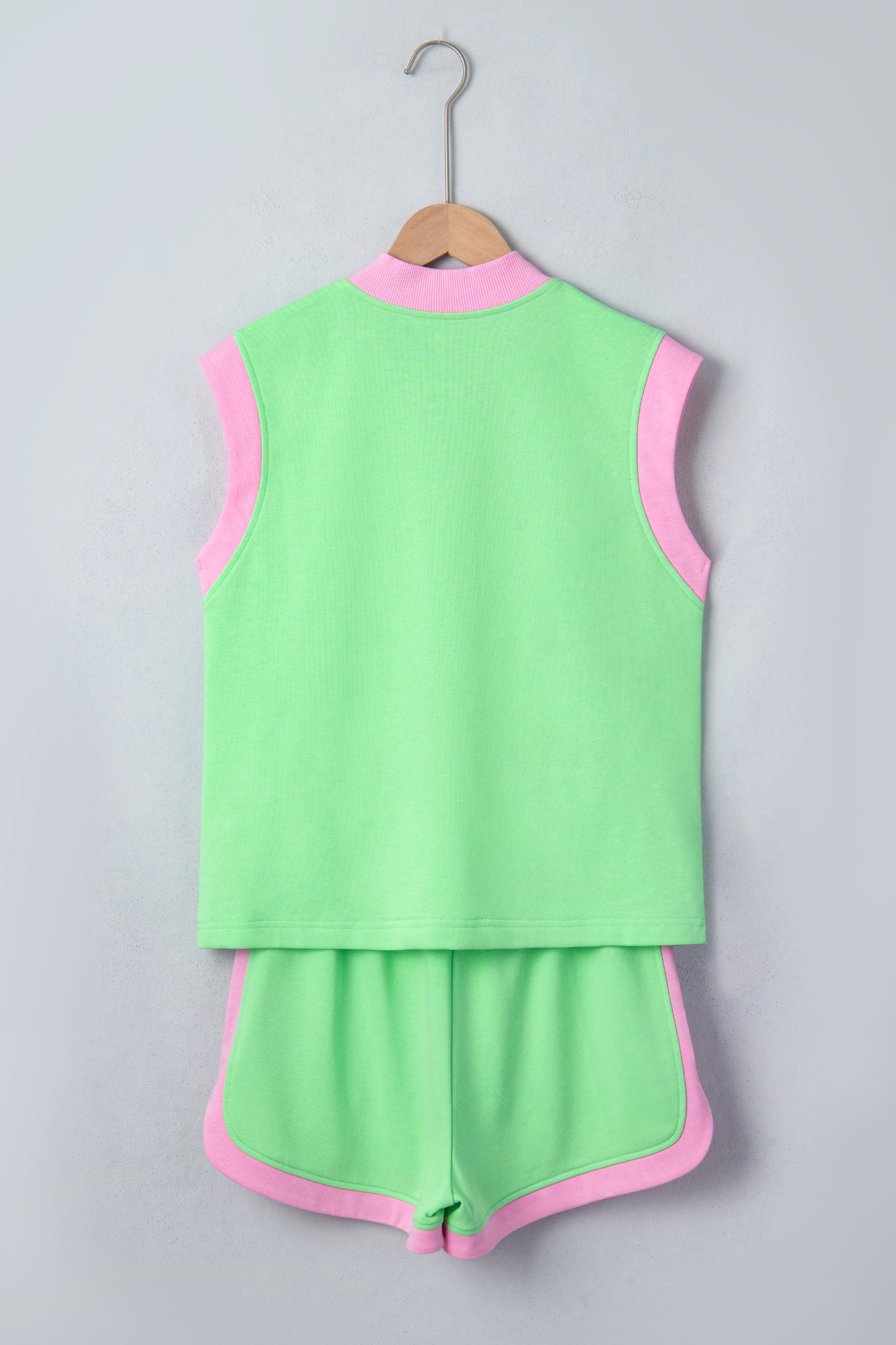 Green Color Block Accent Half Zip Top Athleisure Shorts Set