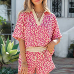 Rose V Neck Collar Leopard Printed 2pcs Short Set