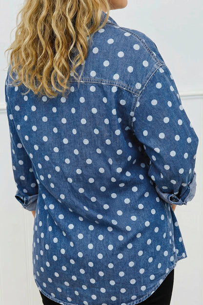 Blue Polka Dot Long Sleeve Collar Shift Tunic Denim Jacket
