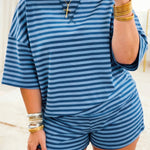 Blue Stripe Plus Size Dropped Shoulder Tee and Shorts Two-Piece Set