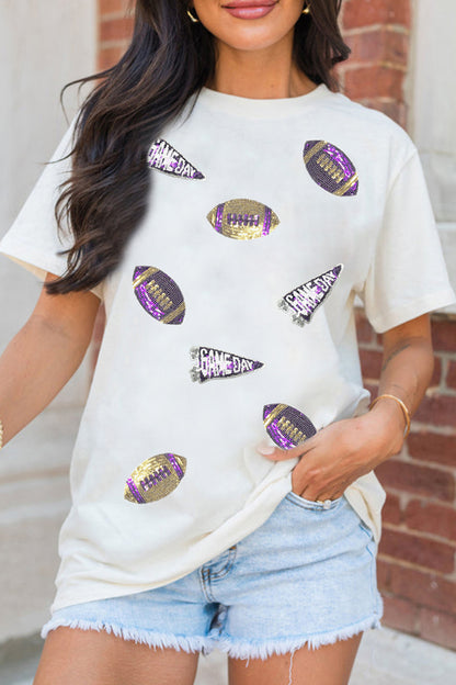 White Sequin Game Day Football Print T-Shirt