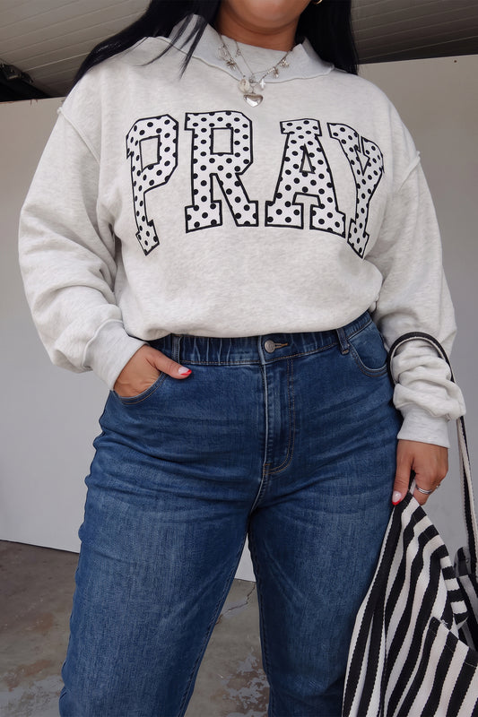 Gray PRAY Polka Dot Letter Print Mock Neck Plus Size Sweatshirt