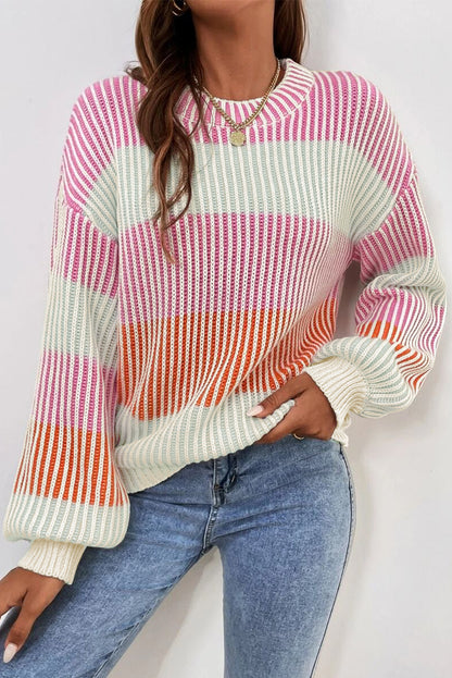 Pull à manches bouffantes en tricot texturé colorblock rose