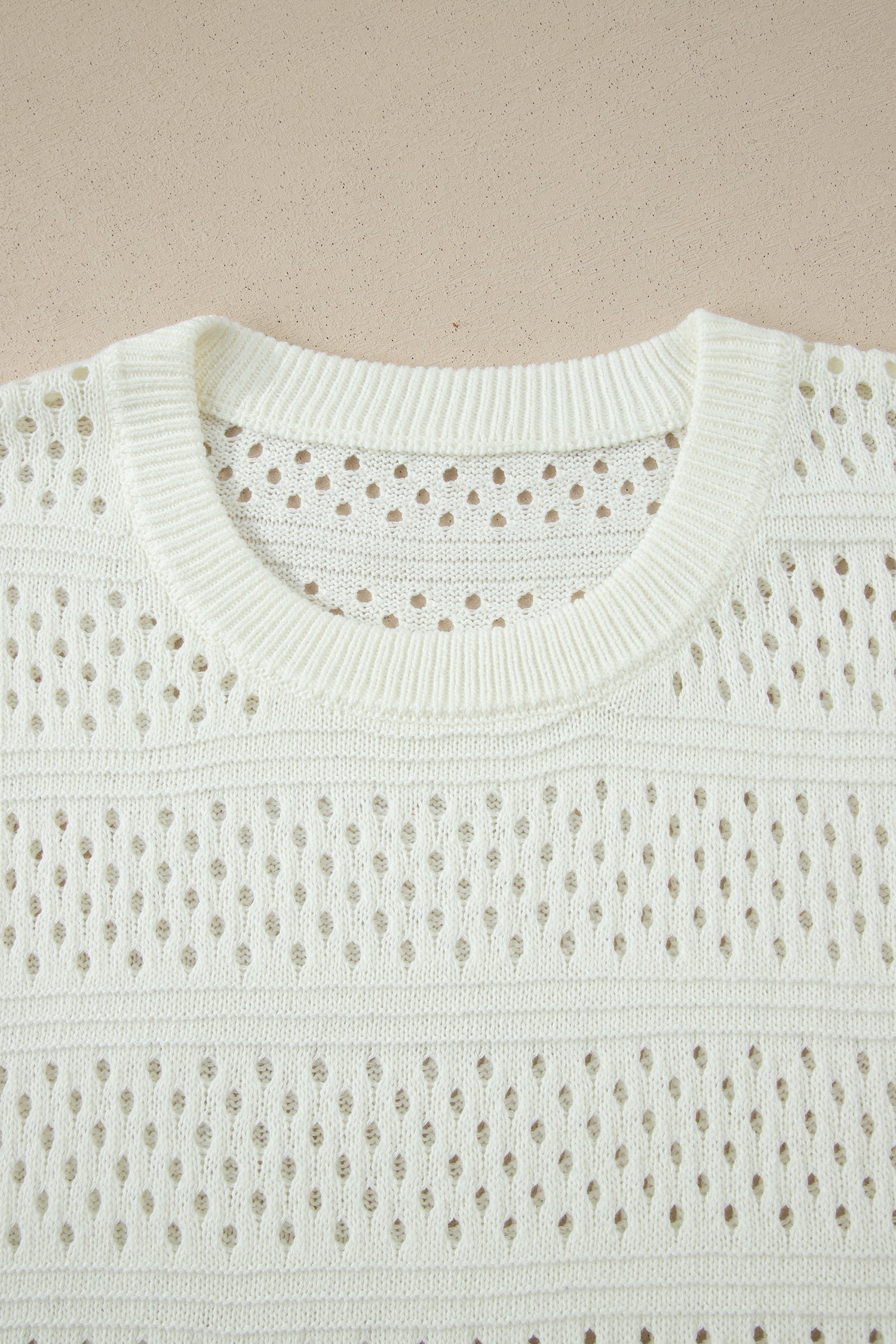 White Plus Size Eyelet Hollow Out Knit Ribbed Trim Short Sleeve Dolman Sweater