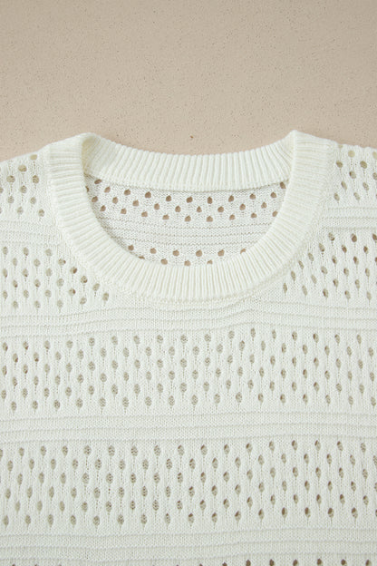 White Plus Size Eyelet Hollow Out Knit Ribbed Trim Short Sleeve Dolman Sweater