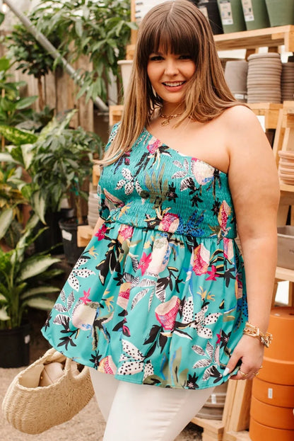 Chemisier babydoll vert grande taille à manches courtes bouffantes et à corsage fleuri froncé