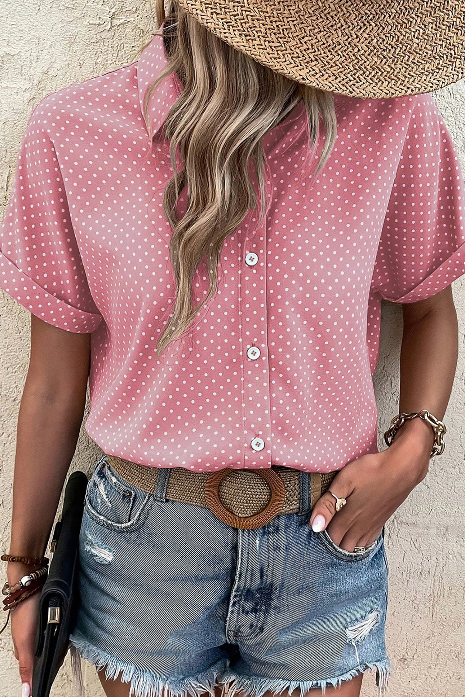 Pink Dotted Print Cuffed Short Sleeve Shirt