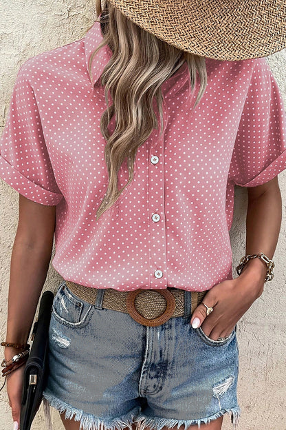 Pink Dotted Print Cuffed Short Sleeve Shirt