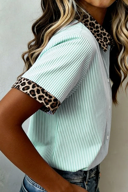 Sky Blue Stripe Leopard Contrast Collar Short Sleeve Shirt