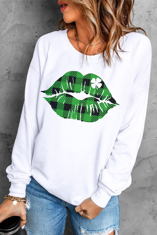 Plaid Lip Clover Graphic Print Long Sleeve Sweatshirt