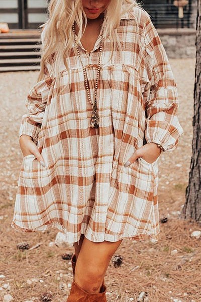 Brown Plaid Print Side Pockets Frilled Babydoll Mini Dress Brown / XL / 100%Cotton