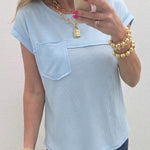 Light Blue Solid Color Raw Seam Waffled Patchwork Casual T Shirt