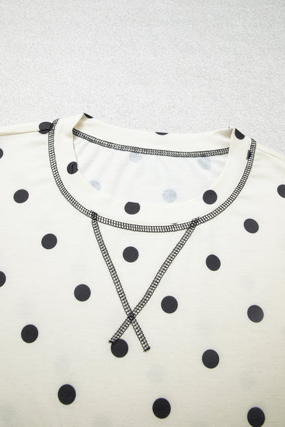 Beige Polka Dot Half Sleeve Loose Top Elastic Waist Casual Pants Set