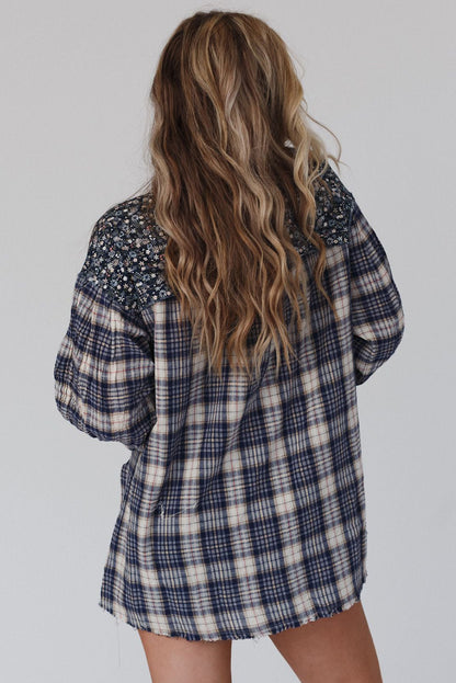 Top de patchwork con manga obispo y estampado mixto de cuadros florales rojo 