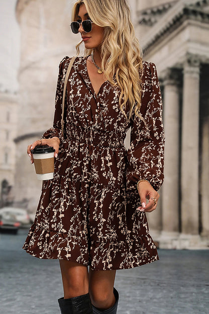 Brown Ditsy Floral Print Split Neck Long Sleeve Shirred Waist Flared Mini Dress