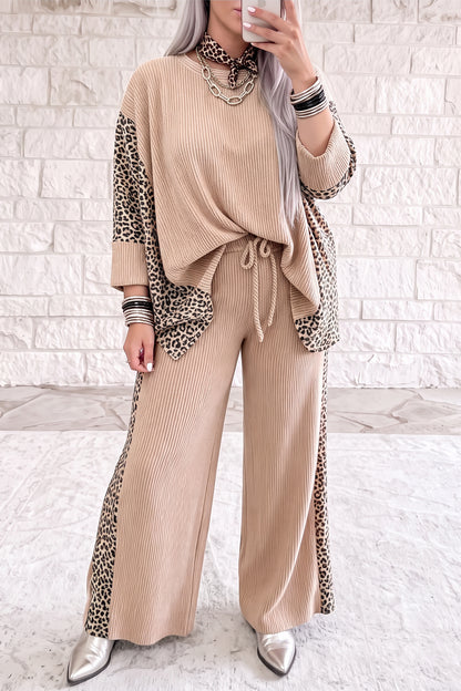 Parchment Leopard Print Twisted Ribbed Patchwork Long Sleeve Top Loose Pant Set