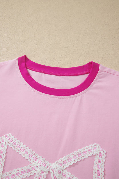 Gossamer Pink Embroidered Bow Detail Color Block Loose Tee