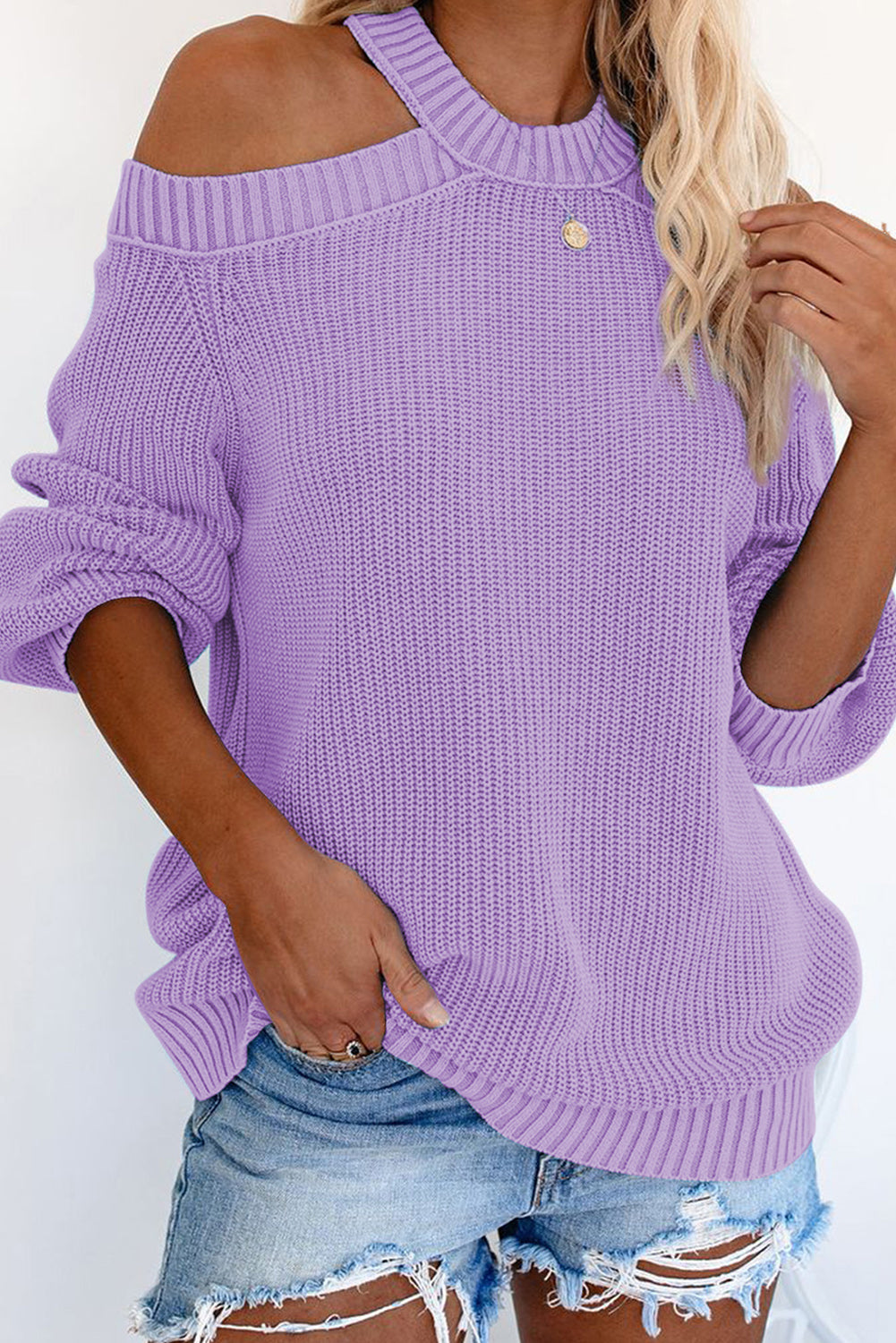 Suéter de punto acanalado con hombros descubiertos y cinturón cruzado sin espalda para mujer, informal, holgado, de manga larga, Color sólido, para invierno