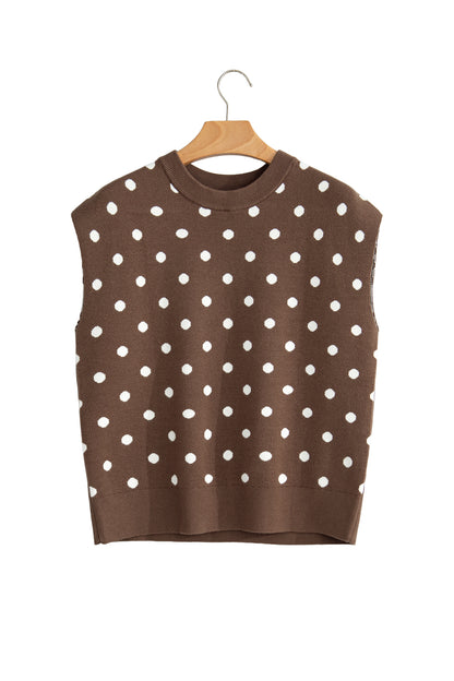 Brown Dolman Short Sleeve Round Neck Polka Dot Sweater