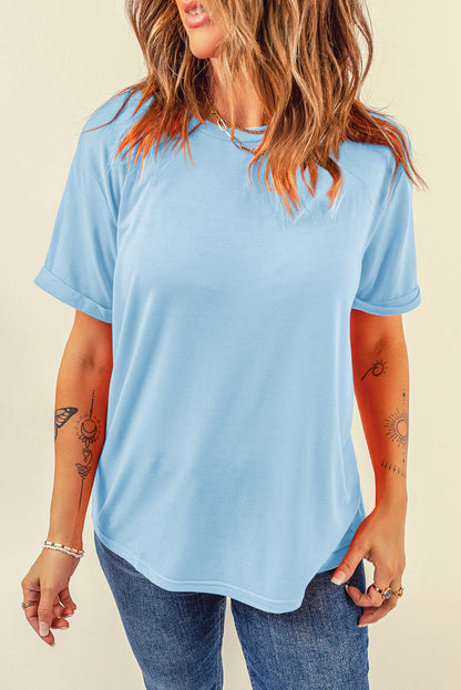 Sachet Pink Bright Casual Plain Crew Neck Tee