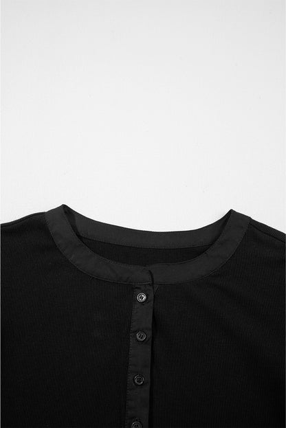 Black Ribbed Patchwork Puff Sleeve Half Button Placket Slim Fit Top