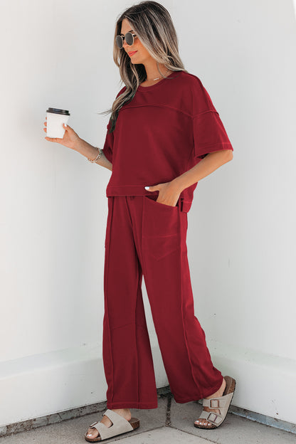Rose Red Drop Shoulder Boxy Tee and Barrel Pants Set