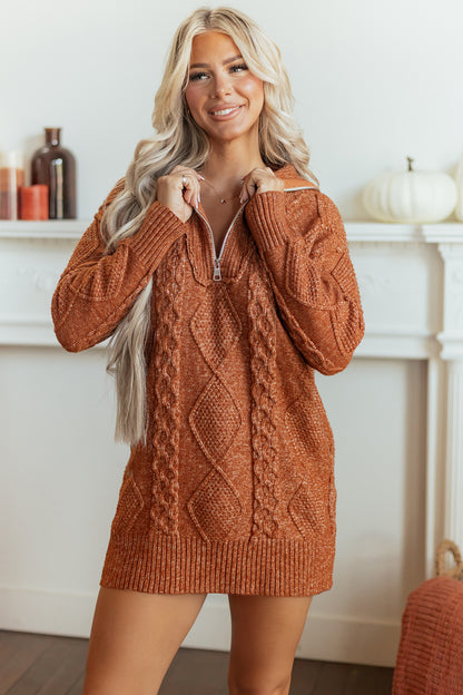 Clay Zip-Up Cable Knit Drop Shoulder Sweater Dress