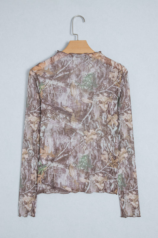 Smoke Gray Floral Print Slim Fit Mesh Long Sleeve Mock Neck Top