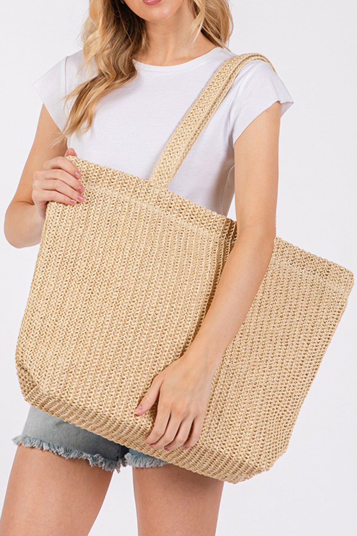 Parchment Solid Color Straw Woven Summer Beach Tote Bag