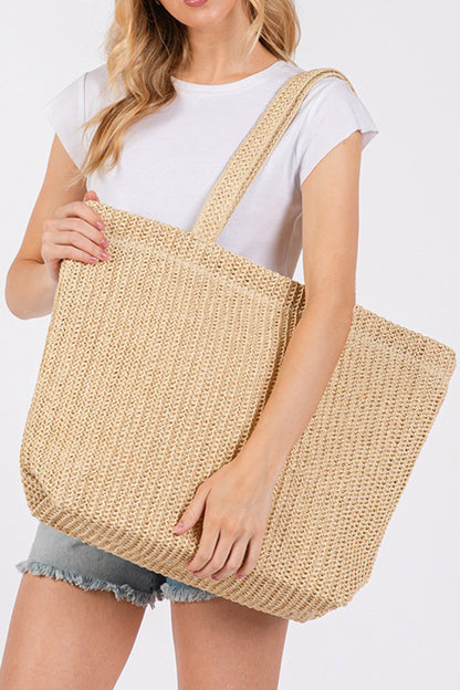 Parchment Solid Color Straw Woven Summer Beach Tote Bag
