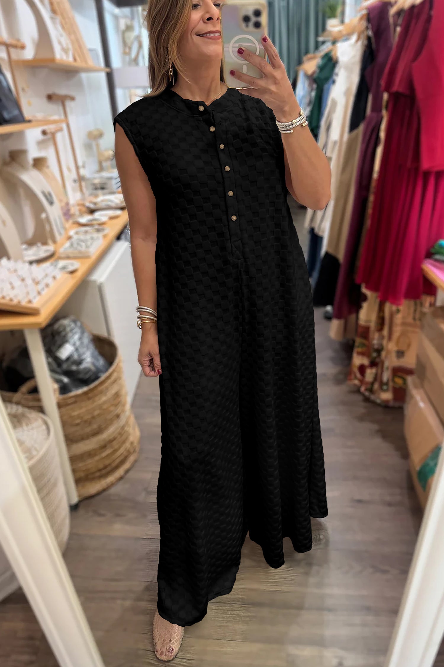 Black Half Buttons Sleeveless Wide Leg Textured Jumpsuit