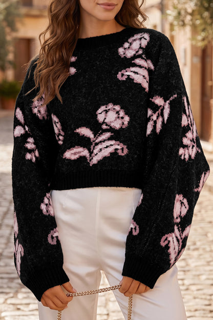Black Floral Pattern Puff Sleeve Dropped Shoulder Pullover Sweater