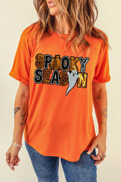 T-shirt d'Halloween à paillettes orange et motif fantôme SPOOKY SEASON