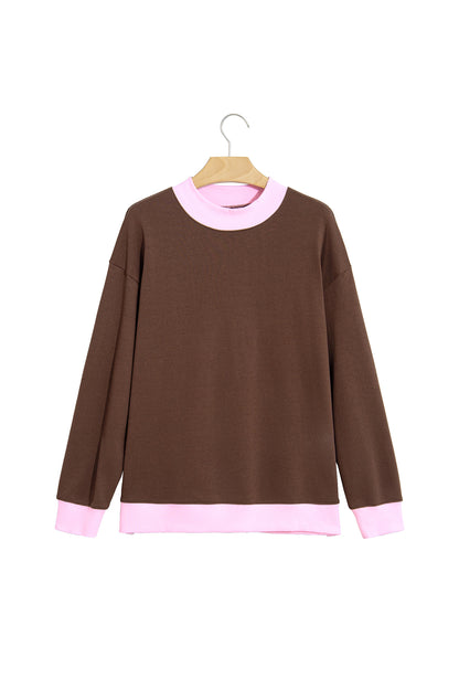 Coffee Colorblock Trim Crewneck Long Sleeve Pullover Sweatshirt