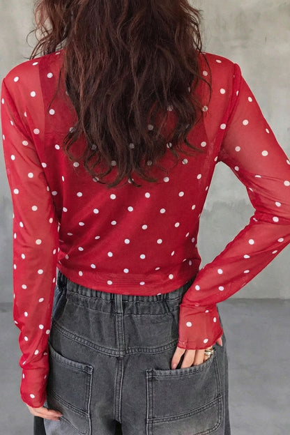 Red Polka Dot Patterned Bodycon Mock Neck Mesh Long Sleeve Top
